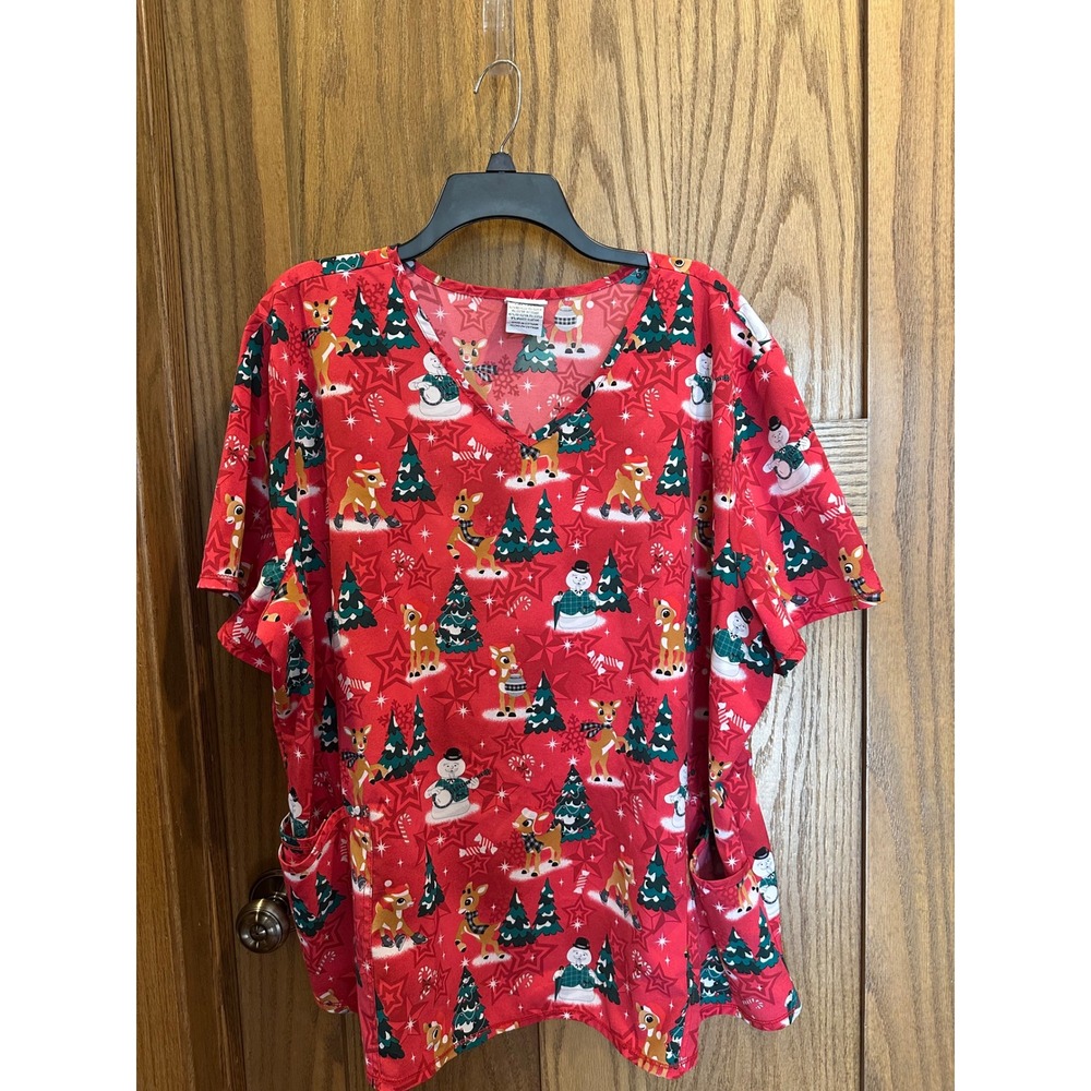 Rudolph the Red-Nosed Reindeer Christmas Scrub Top Red V-Neck 2 Pocket 3XL